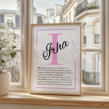 Irha name meaning in Urdu and Arabic – Islamic baby girl name Irha with origin, lucky number, and spiritual significance.